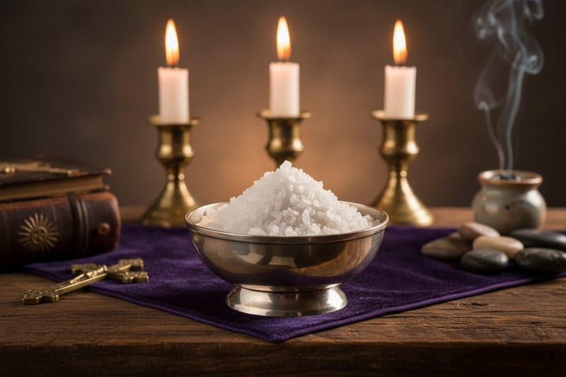 petit tas de gros sel déposé dans une coupelle métallique et sur un autel religieux