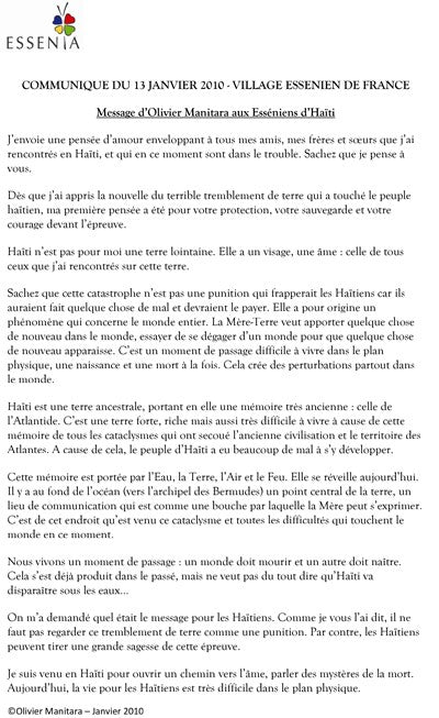 Message d’Olivier Manitara aux Esséniens d’Haïti - Janvier 2010