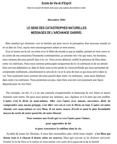 2003 Décembre - LE SENS DES CATASTROPHES NATURELLES MESSAGES DE L'ARCHANGE GABRIEL