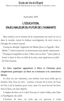 2003 Septembre -  L'EDUCATION, ENJEU MAJEUR DU FUTUR DE L'HUMANITE